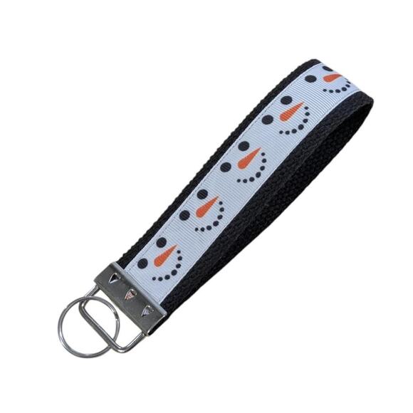 Snowman Face Keychain Wristlet Handmade Fabric Key FOB Snow Winter Gift Charm - Picture 4 of 6